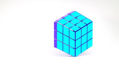 Turkuaz Rubik küp simgesi beyaz arkaplanda izole edildi. Mekanik yapboz oyuncağı. Rubik 'in 3 boyutlu küp kombinasyon bulmacası. Minimalizm kavramı. 3d illüstrasyon 3B canlandırma.