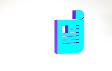 Turkuaz Belge simgesi beyaz arkaplanda izole edildi. Dosya simgesi. Kontrol listesi simgesi. İş konsepti. Minimalizm kavramı. 3d illüstrasyon 3B canlandırma.