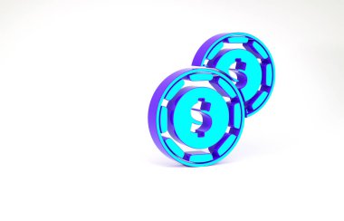 Beyaz arka planda dolar sembolü olan turkuaz kumarhane çipi. Kumarhane kumarı. Minimalizm kavramı. 3d illüstrasyon 3B canlandırma.