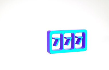 Turkuaz kumar makinesi, beyaz arka planda izole edilmiş uğurlu yedili ikramiye ikonu. Minimalizm kavramı. 3d illüstrasyon 3B canlandırma.