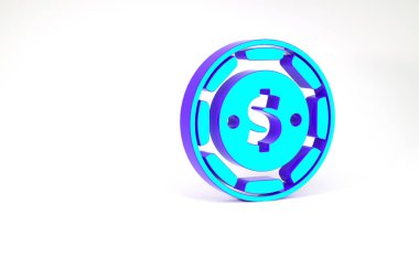 Beyaz arka planda dolar sembolü olan turkuaz kumarhane çipi. Kumarhane kumarı. Minimalizm kavramı. 3d illüstrasyon 3B canlandırma.