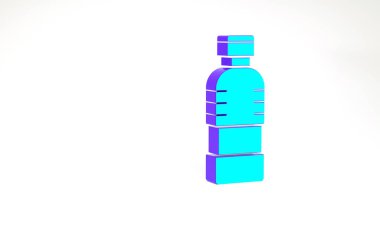 Beyaz arka planda izole edilmiş turkuaz su ikonu şişesi. Soda su içme tabelası. Minimalizm kavramı. 3d illüstrasyon 3B canlandırma.