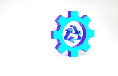 Turkuaz Geri Dönüşüm sembolü ve vites simgesi beyaz arkaplanda izole edildi. Dairesel ok simgesi. Çevre geri dönüşümü yeşile döner. Minimalizm kavramı. 3d illüstrasyon 3B canlandırma.