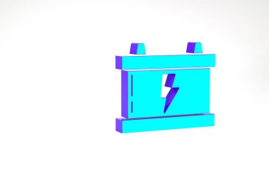 Turkuaz araba akü ikonu beyaz arka planda izole edildi. Akümülatör bataryası enerji ve elektrik akümülatörü bataryası. Şimşek çaktı. Minimalizm kavramı. 3d illüstrasyon 3B canlandırma.