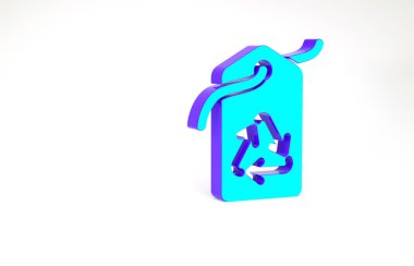 Beyaz arkaplanda izole edilmiş geri dönüşüm sembollü turkuaz etiket. Pankart, etiket, etiket, logo, çevre yeşili etiketi. Minimalizm kavramı. 3d illüstrasyon 3B canlandırma.