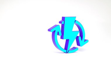 Turkuaz şarj simgesi beyaz arkaplanda izole edildi. Elektrik enerjisi işareti. Minimalizm kavramı. 3d illüstrasyon 3B canlandırma.