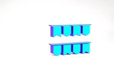 Beyaz arka planda izole edilmiş bayrak simgesiyle turkuaz karnaval çelengi. Doğum günü kutlaması, festival ve güzel dekorasyon için parti flamaları. Minimalizm kavramı. 3d illüstrasyon 3B canlandırma.