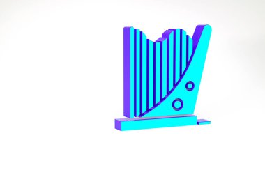 Turkuaz Harp simgesi beyaz arkaplanda izole edildi. Klasik müzik enstrümanı, orkestra akustik elementi. Minimalizm kavramı. 3d illüstrasyon 3B canlandırma.