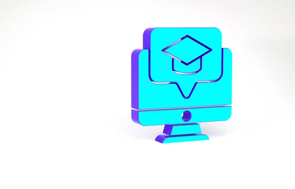 蓝绿色计算机显示器 带有白色背景隔离的毕业帽图标 在线学习或电子学习的概念 最低纲领的概念 3D渲染3D插图 — 图库照片