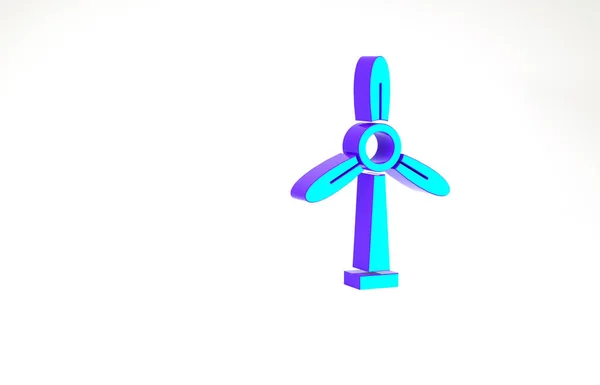 绿松石风力涡轮机图标孤立在白色背景 风力发电机的标志 用于发电的风车 最低纲领的概念 3D渲染3D插图 — 图库照片