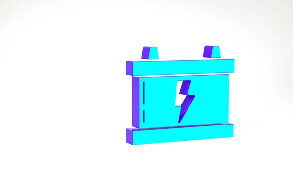 绿松石汽车电池图标隔离在白色背景 蓄电池的能量 动力和蓄电池 闪电闪电 最低纲领的概念 3D渲染3D插图 — 图库照片