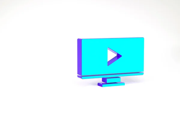 绿松石在线播放与白色背景隔离的视频图标 带游戏标志的计算机监视器和胶卷条 最低纲领的概念 3D渲染3D插图 — 图库照片