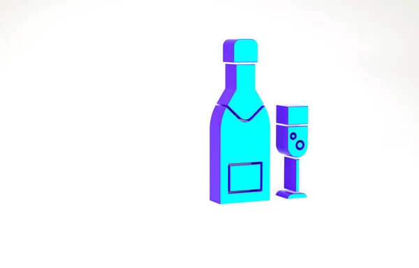 绿松石香槟瓶子和玻璃杯香槟图标隔离在白色背景 圣诞快乐 新年快乐 最低纲领的概念 3D渲染3D插图 — 图库照片