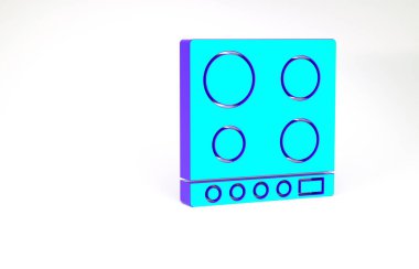 Turkuaz gaz soba simgesi beyaz arkaplanda izole edildi. Mutfak tabelaları. Dört daire ocağı olan bir hob. Minimalizm kavramı. 3d illüstrasyon 3B canlandırma.