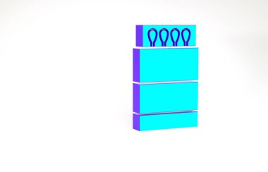 Turkuaz kibrit kutusu ve beyaz arkaplanda izole edilmiş kibrit kutusu. Minimalizm kavramı. 3d illüstrasyon 3B canlandırma.