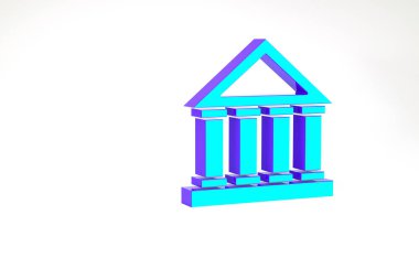Turkuaz adliye binası simgesi beyaz arka planda izole edildi. Banka veya müze inşaatı. Minimalizm kavramı. 3d illüstrasyon 3B canlandırma.