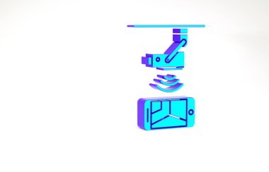 Turkuaz kablosuz kablosuz CCTV güvenlik kamerası ve beyaz arka planda akıllı telefon simgesi var. IOT kavramı ve uzaktan kumandalı ev aletleri. Minimalizm kavramı. 3d illüstrasyon 3B canlandırma.