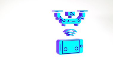 Kameralı turkuaz uzaktan kumandalı hava aracı ya da beyaz arka planda izole edilmiş görüntü kaydı ikonu. Minimalizm kavramı. 3d illüstrasyon 3B canlandırma.