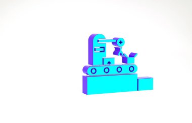 Turkuaz fabrika taşıma sistemi bandı beyaz zemin üzerinde karton kutular mühendislik makine simgesi izole. Robot endüstrisi konsepti. Minimalizm kavramı. 3d illüstrasyon 3B canlandırma.