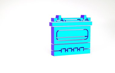 Turkuaz araba akü ikonu beyaz arka planda izole edildi. Akümülatör bataryası enerji ve elektrik akümülatörü bataryası. Minimalizm kavramı. 3d illüstrasyon 3B canlandırma.