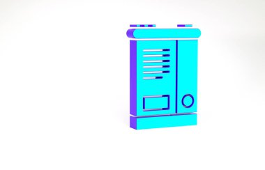 Turkuaz araba akü ikonu beyaz arka planda izole edildi. Akümülatör bataryası enerji ve elektrik akümülatörü bataryası. Minimalizm kavramı. 3d illüstrasyon 3B canlandırma.