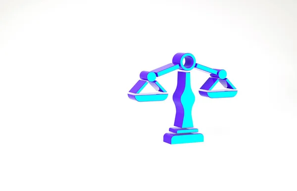 绿松石天平图标隔离在白色背景 法院的象征 天平标志最低纲领的概念 3D渲染3D插图 — 图库照片