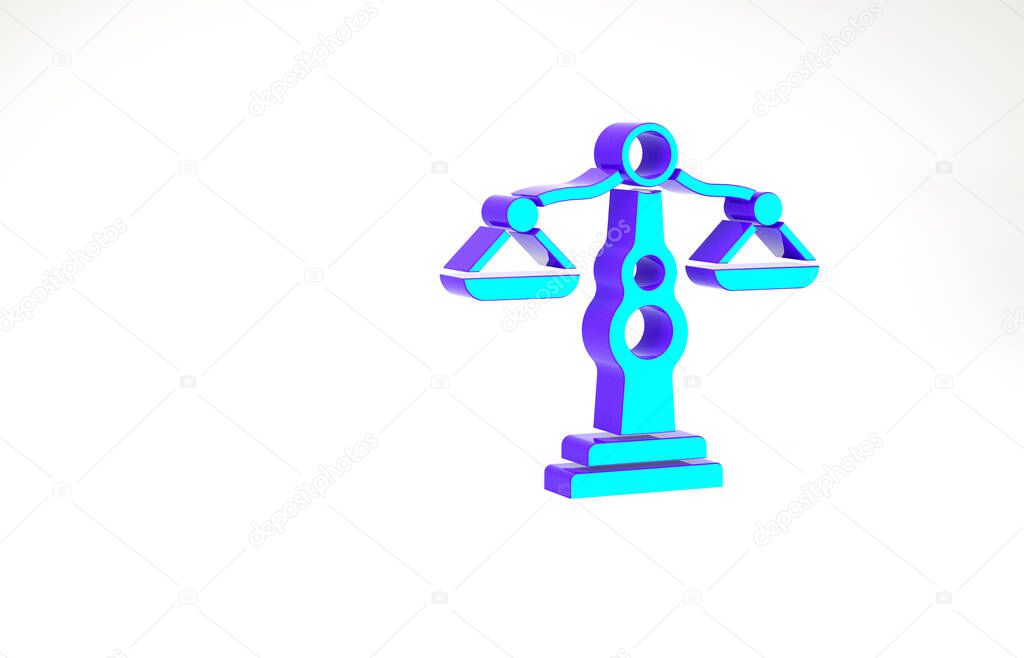 Turquoise Scales of justice icon isolated on white background. Court of law symbol. Balance scale sign. Minimalism concept. 3d illustration 3D render.