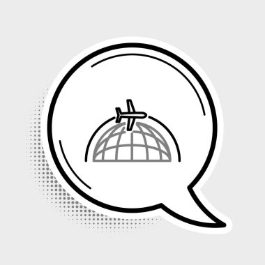 Uçan uçak ikonuna sahip Line Globe gri arka planda izole edildi. Uçak Dünya 'nın etrafında uçuyor. Uçak dünyası ikonu. Renkli taslak konsepti. Vektör.