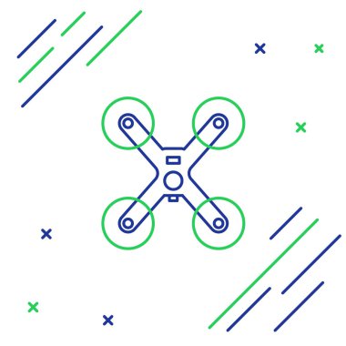 İHA uçuş simgesi beyaz arkaplanda izole edildi. Video ve fotoğraf makinesi sembollü dörtlü helikopter. Renkli taslak konsepti. Vektör.