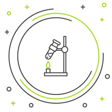 Ateş ısıtıcısının üzerinde cam test tüpü tüpü beyaz arka planda izole edilmiş deney ikonu. Laboratuvar ekipmanları. Renkli taslak konsepti. Vektör.