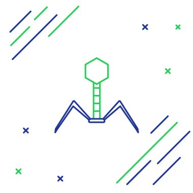 Beyaz arkaplanda çizgi bakteriyofaj simgesi izole edildi. Bakteriyel enfeksiyon belirtisi. Mikroskobik mikrop hastalıklara neden olur. Renkli taslak konsepti. Vektör.
