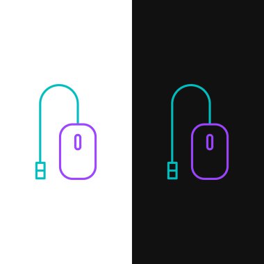 Satır Bilgisayarı fare simgesi beyaz ve siyah arkaplanda izole edildi. Tekerlek sembollü optik. Renkli taslak konsepti. Vektör.