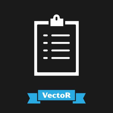 Siyah arkaplanda kontrol listesi simgesi olan beyaz pano. Kontrol listesi sembolü. Anket anketi ya da anket geri bildirim formu. Vektör İllüstrasyonu.