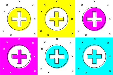 Cross Hastanesi tıbbi ikonunu renk arkaplanına göre ayır. İlk yardım. Teşhis sembolü. İlaç ve eczane işareti. Vektör İllüstrasyonu.