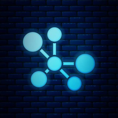 Parlayan neon molekül simgesi tuğla duvar arka planında izole edilmiş. Kimya moleküllerinin yapısı, fen öğretmenlerinin yenilikçi eğitim posteri. Vektör.
