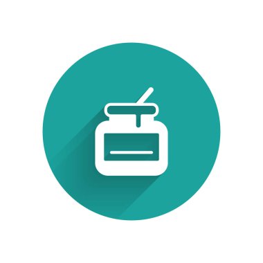 Beyaz kavanoz bal ikonu uzun gölgeli. Yiyecek bankası. Tatlı doğal gıda sembolü. Yeşil daire düğmesi. Vektör.