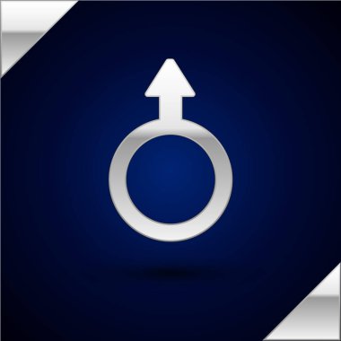 Koyu mavi arka planda gümüş erkek cinsiyet sembolü izole edilmiş. Vektör.