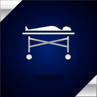 Morg ikonundaki gümüş rengi ceset koyu mavi arka planda izole edilmiş. Vektör.