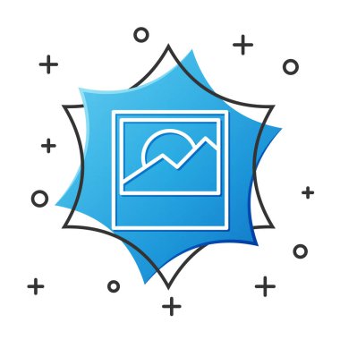 Beyaz çizgi Fotoğraf simgesi beyaz arkaplanda izole edildi. Mavi altıgen düğmesi. Vektör.