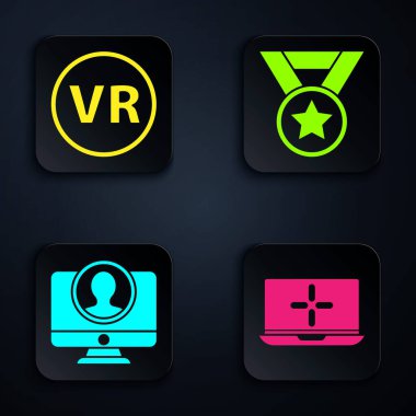 Dizüstü bilgisayarı, sanal gerçeklik gözlüklerini ayarla, hesap ekranı ve madalya yarat. Siyah kare düğme. Vektör.