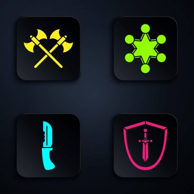 Ortaçağ kalkanını kılıç, çapraz ortaçağ baltaları, askeri bıçak ve polis rozeti ile donat. Siyah kare düğme. Vektör.