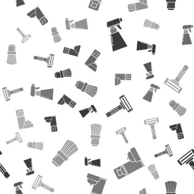 Kuaför tabancası sprey şişesi, tıraş köpüğü traş jileti, tıraş bıçağı ve tıraş fırçasını pürüzsüz desenlere ayarlayın. Vektör.