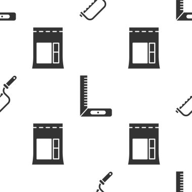 Demir testeresi, viraj cetveli ve çimento torbasını pürüzsüz desene ayarlayın. Vektör.