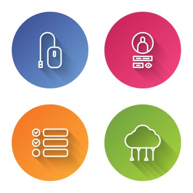 Satır satırı faresini ayarla, hesap ekranı oluştur, görev listesi ve ağ bulut bağlantısı oluştur. Renkli daire düğmesi. Vektör.