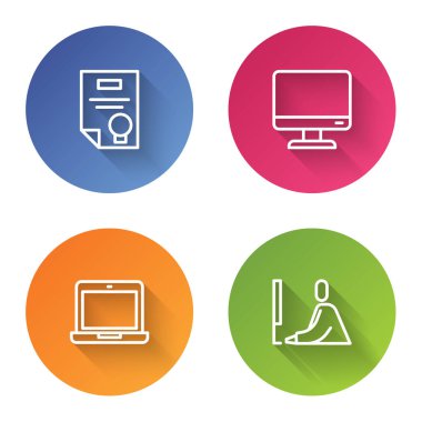 Satır Sertifika şablonu, Bilgisayar monitörü, Laptop ve çalışan öğrenci dizüstü bilgisayarını ayarla. Renkli daire düğmesi. Vektör.