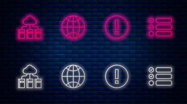 Satır Sosyal Ağ, Bilgi, Bulut çevrimiçi kütüphane ve Görev Listesini ayarla. Tuğla duvarda parlayan neon simgesi. Vektör.