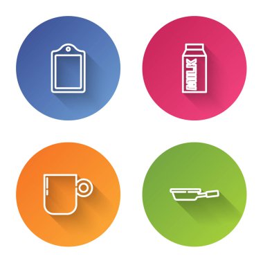 Hat kesme tahtası, süt paketi, kahve fincanı ve kızartma tavası. Renkli daire düğmesi. Vektör.