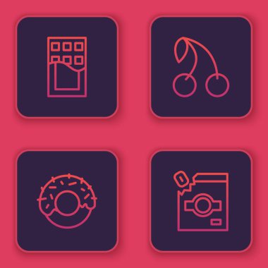 Çikolata, Donut, Kiraz ve Şeker paketleri hazır. Mavi kare düğme. Vektör.