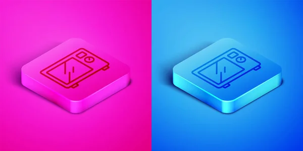 Isometric Line Microwave Oven Icon Isolated Pink Blue Background Home — Stock Vector