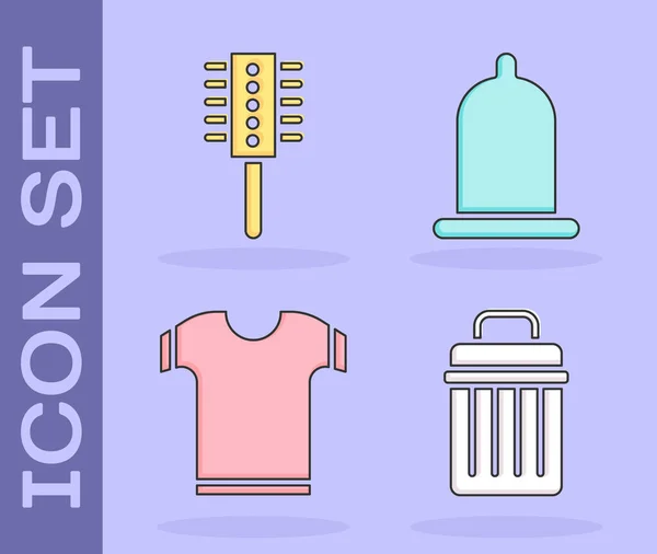 Set Trash Can Hairbrush Shirt Condom Icon Vector — Stock Vector